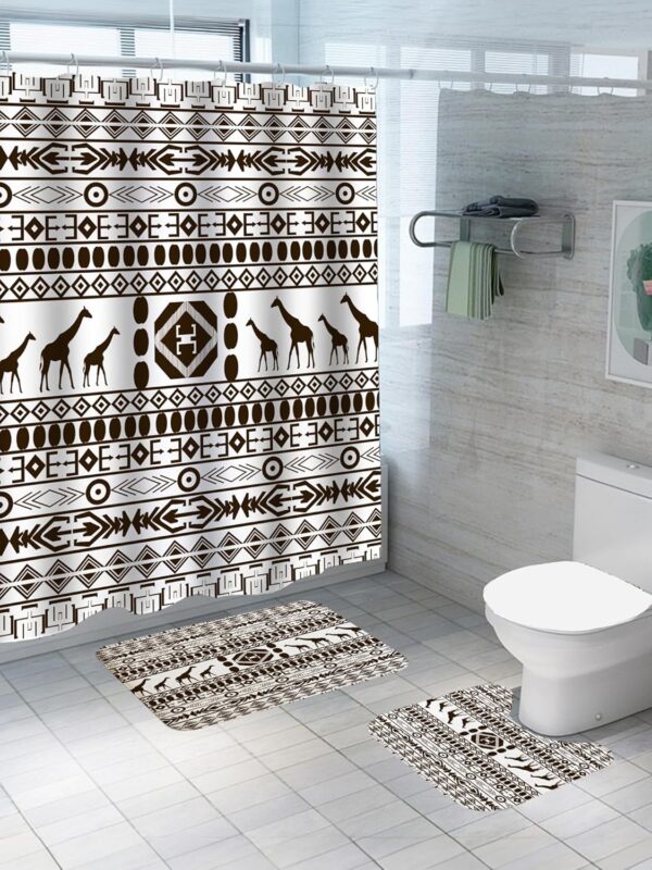 Stylish Black & White Boho Shower Curtain and Bathroom Mat Set