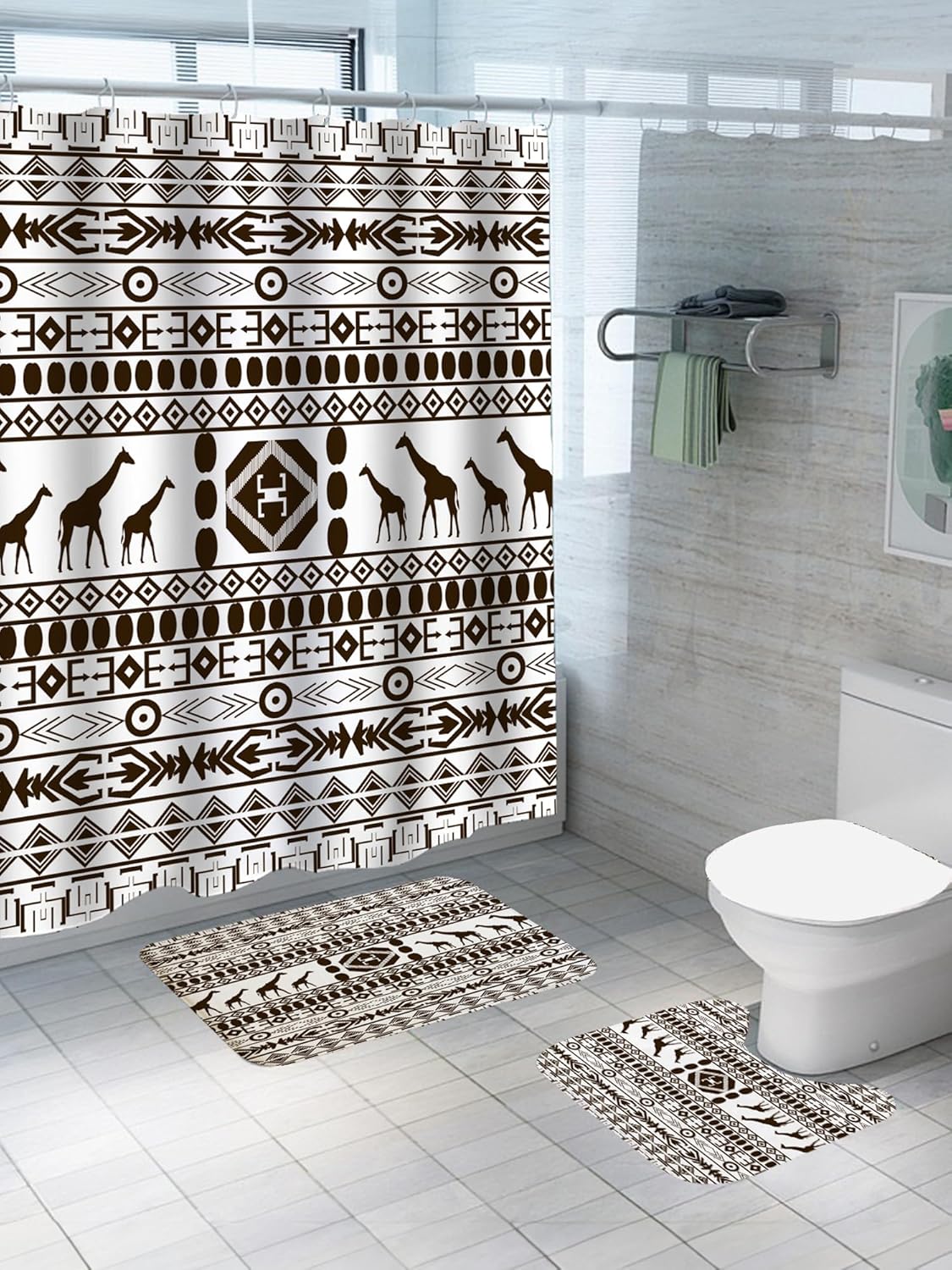 Stylish Black & White Boho Shower Curtain and Mat Set for Chic Bathrooms