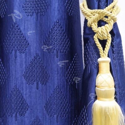 Stylish Blue Long Crush Curtains with Pine Tree Design and Golden Tie Back