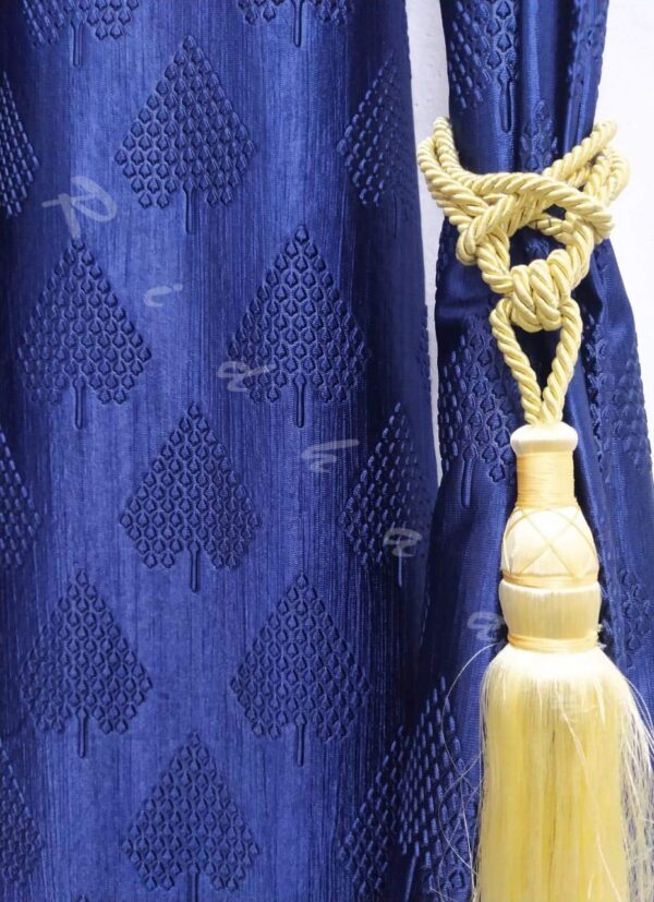 Stylish Blue Long Crush Curtains with Pine Tree Design and Golden Tie Back