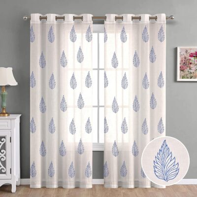 Stylish Cotton Linen Door Curtains with Steel Eyelet Rings – New Blue Leaf