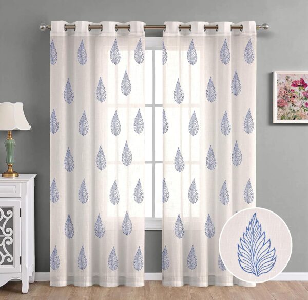 Stylish Cotton Linen Door Curtains with Steel Eyelet Rings - New Blue Leaf