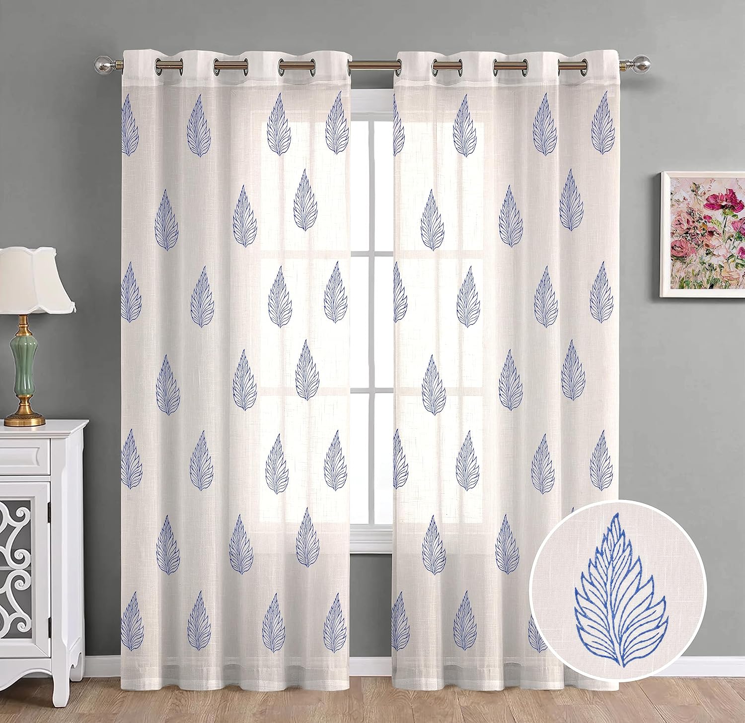 Stylish Blue Leaf Cotton Linen Curtains with Eyelet Rings for Your Home