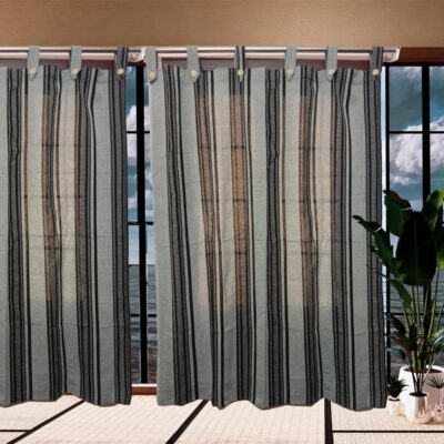 Stylish Grey Black Multi Striped Cotton Curtains – Easy Install Tab Top Set