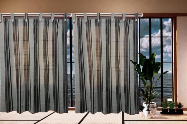 Stylish Grey Black Multi Striped Cotton Curtains - Easy Install Tab Top Set