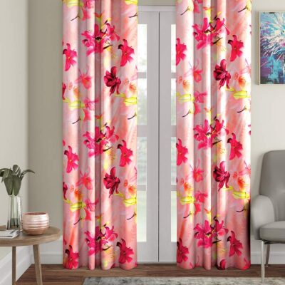 Stylish Pink 3D Flower Eyelet Door Curtains – 7 Feet Polyester Decor