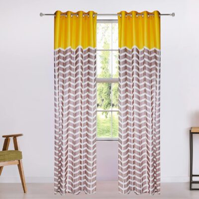 Stylish Yellow Striped Grommet Curtains – Light-Filtering, 9 Feet, Pack of 2