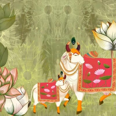 Traditional Cow & Lotus Pichwai Backdrop Cloth for Pooja Decoration 5×8 Feet