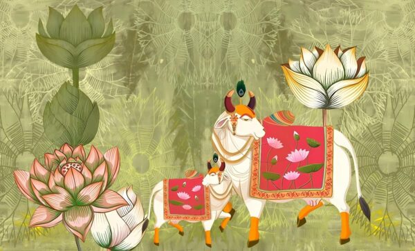 Traditional Cow & Lotus Pichwai Backdrop Cloth for Pooja Decoration 5x8 Feet