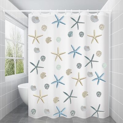 UMAI 7 Feet Waterproof PEVA Shower Curtain with Sea Shell Print and Hooks