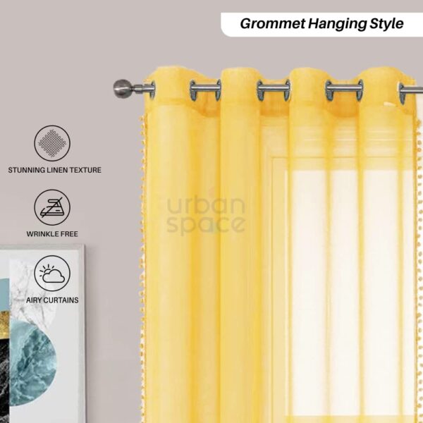 Linen Textured Sheer Curtains for Door - Decorative Yellow Pom Pom Set of 2 - Image 3