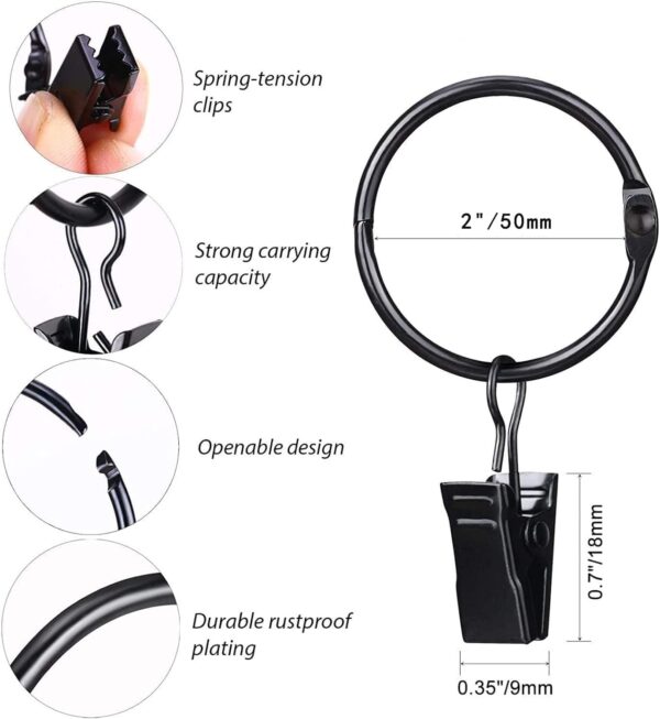 PiyuBind Black Curtain Rings with Clips - Rustproof Decorative Drapery Hangers - Image 2