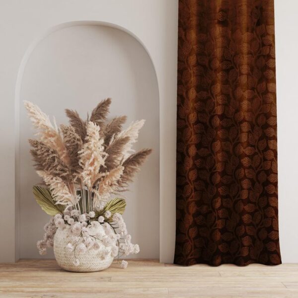 Heavy Velvet Room Darkening Curtains with Leef Emboss Design in Brown - Image 7