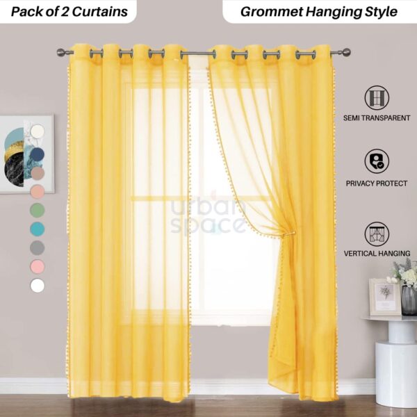 Linen Textured Sheer Curtains for Door - Decorative Yellow Pom Pom Set of 2 - Image 2