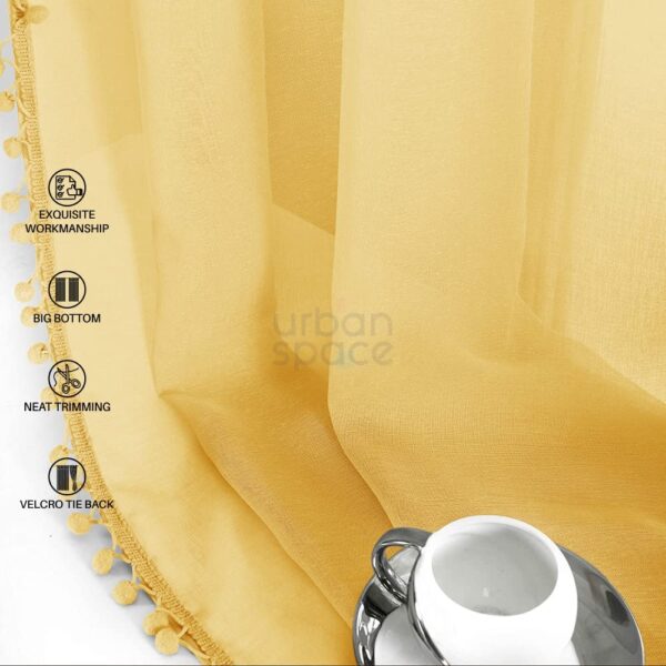 Linen Textured Sheer Curtains for Door - Decorative Yellow Pom Pom Set of 2 - Image 4