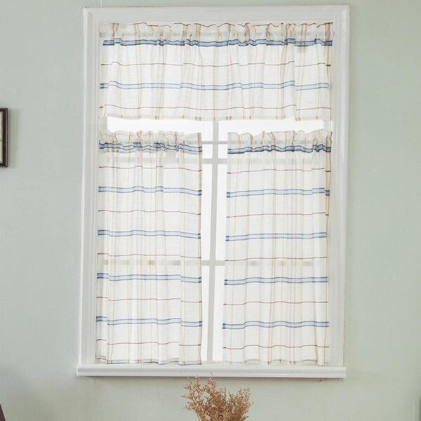 Rod Pocket Checked Linen Window Curtain Valance in Blue - 74x90cm Size - Image 2