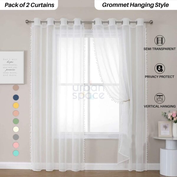 Elegant White Sheer Curtains with Pom Poms for Living Room Doors - Image 2