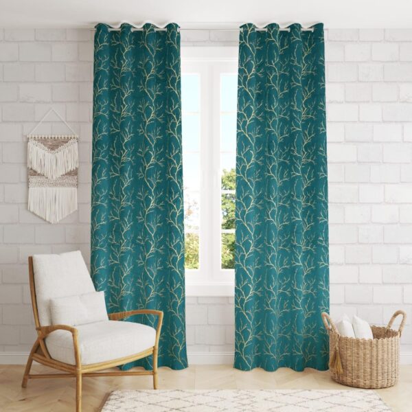 Elegant Aqua Velvet Curtains for Room Darkening - Heavy Foil Print (Pack of 2) - Image 2