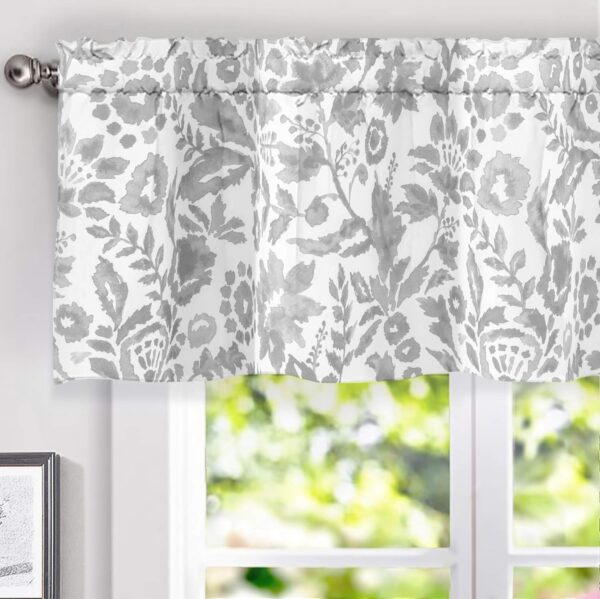 DriftAway Julia Watercolor Curtains: Insulated Grey White Flower Valance Set - Image 2