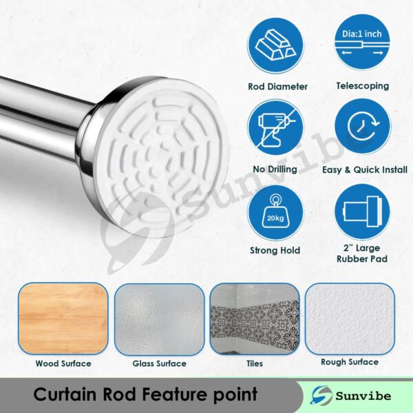 Extendable Shower Curtain Tension Rod - No Drilling, Anti-Skid, Silver Finish - Image 4