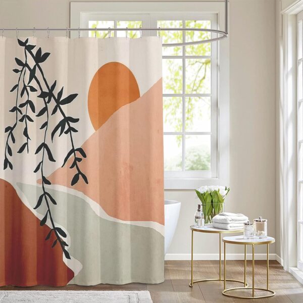 Boho Mid-Century Shower Curtain: Waterproof Mountain Sun & Leaf Design Decor - Image 3