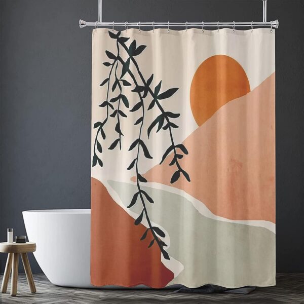 Boho Mid-Century Shower Curtain: Waterproof Mountain Sun & Leaf Design Decor - Image 2