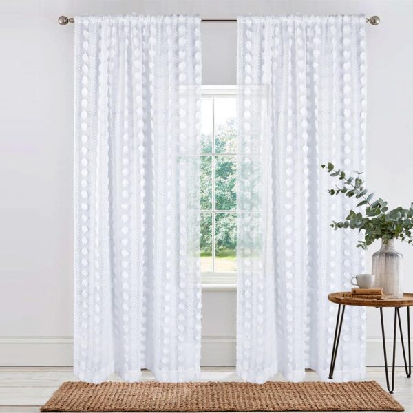 Boho White Sheer Curtains with Pom Trim for Living Room or Bedroom - Image 2