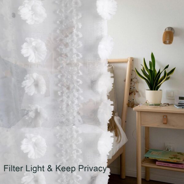 Boho White Sheer Curtains with Pom Trim for Living Room or Bedroom - Image 3