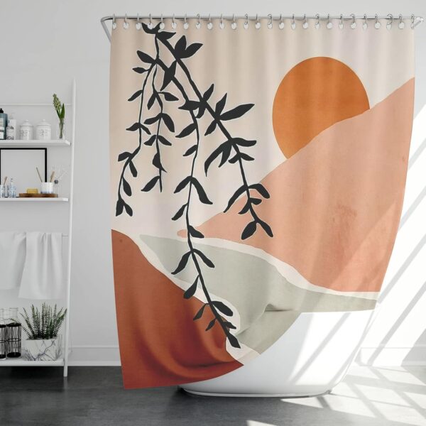 Boho Mid-Century Shower Curtain: Waterproof Mountain Sun & Leaf Design Decor - Image 4