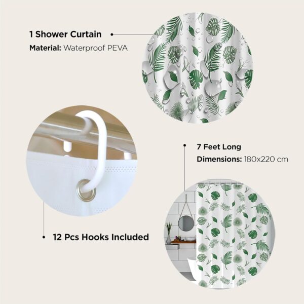 Stylish 7 Feet Green Leaf Shower Curtain with Hooks - Waterproof & Quick Dry - Image 3