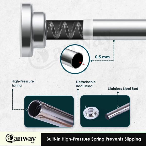 Extendable Non-Drilling Shower Curtain Tension Rod - Stainless Steel, Adjustable Size - Image 3