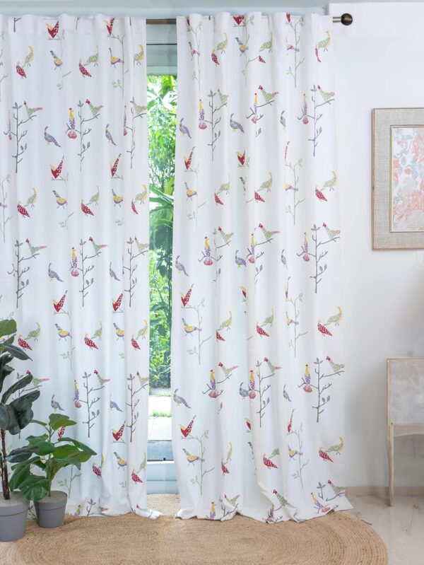 Pure Cotton Bird Print Curtains for Window - Room Darkening Set of 2 - Image 2