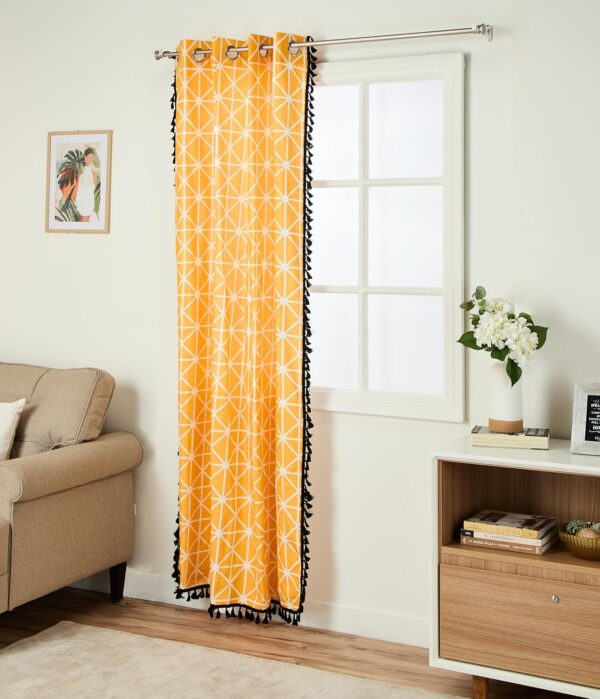 Solimo 100% Cotton Grommet Curtains with Lace - Elegant Yellow Geometric Design - Image 3