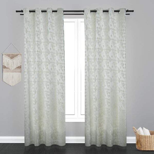 Off White Jaquard Eyelet Curtains for Elegant Home & Hotel Decor - 2 Pack - Image 2