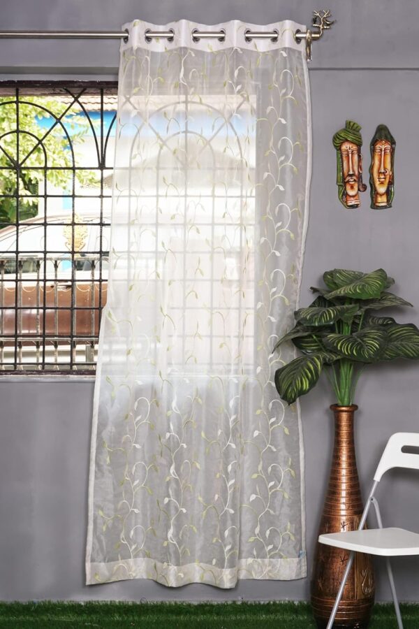 Elegant Green Sheer Tissue Eyelet Leaf Design Window Curtains - Pack of 2 - Image 2