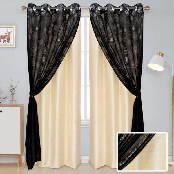 Elegant Dual Layered Blackout Curtains - Ivory Black Mix Match Set - Image 2