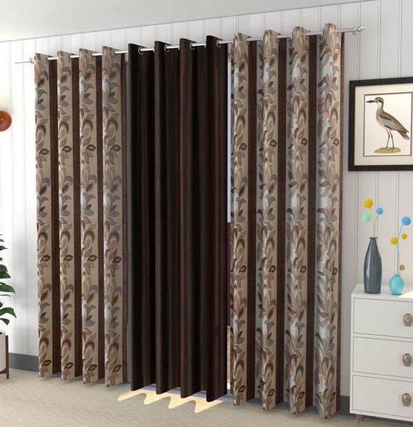 Modern Brown Polyester Eyelet Curtains for Windows - 5 Feet, Set of 3 - Image 2