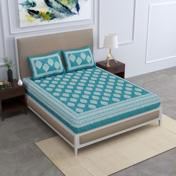 Sea Green Jaipuri Cotton Bedsheet Set with Pillow Covers for Double Bed - Image 5