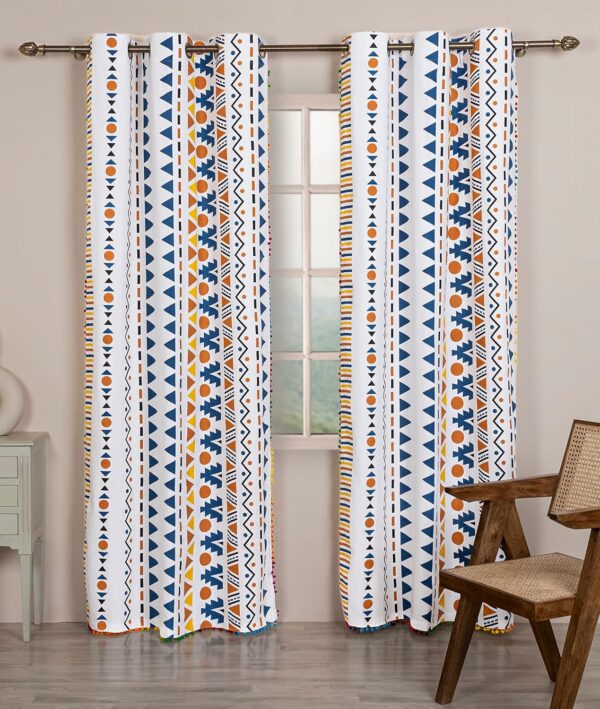 Premium Cotton Semi Sheer Grommet Curtains with Multicolor Pompoms for Home Decor - Image 2