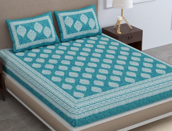 Sea Green Jaipuri Cotton Bedsheet Set with Pillow Covers for Double Bed - Image 2