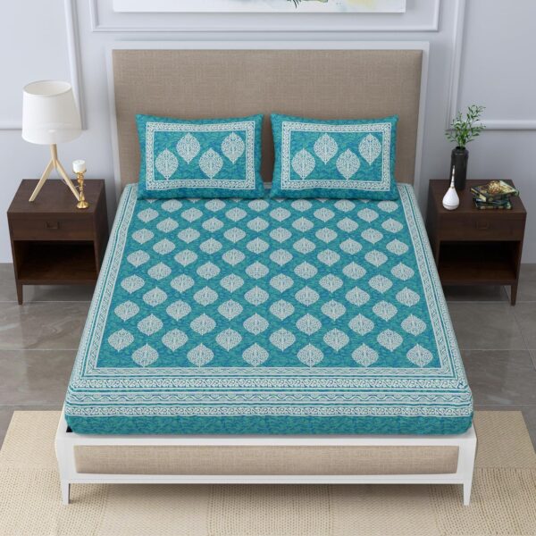 Sea Green Jaipuri Cotton Bedsheet Set with Pillow Covers for Double Bed - Image 6