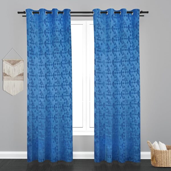 Blue Jaquard Eyelet Curtains for Stylish Home & Hotel Decor - 2 Pack - Image 2