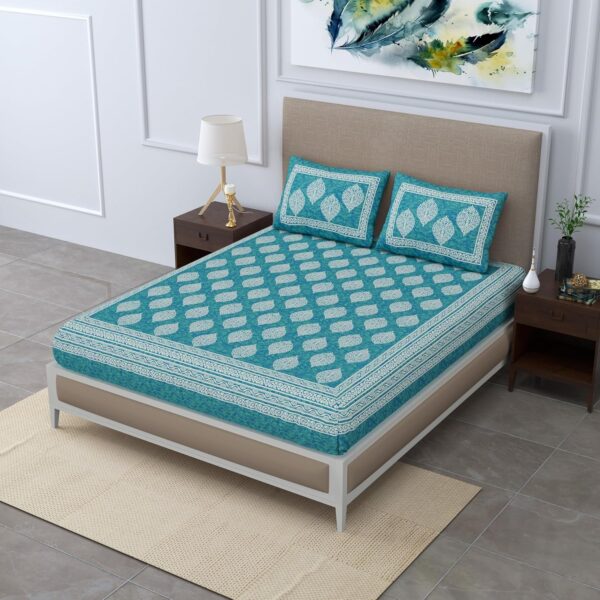 Sea Green Jaipuri Cotton Bedsheet Set with Pillow Covers for Double Bed - Image 7