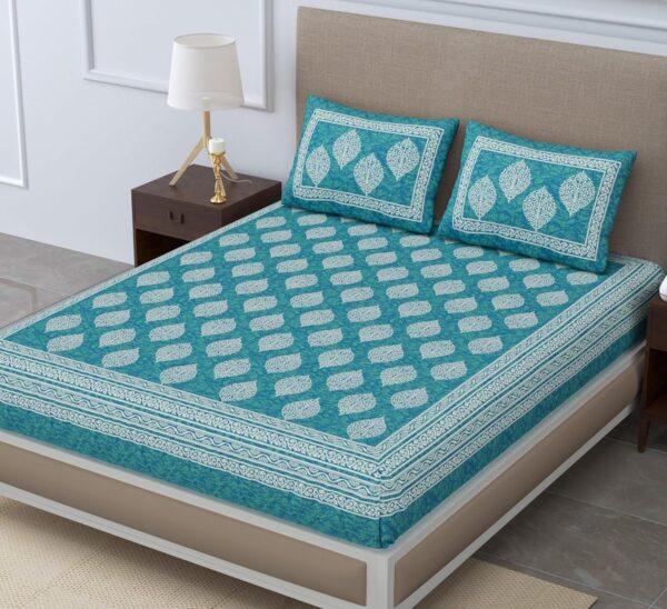 Sea Green Jaipuri Cotton Bedsheet Set with Pillow Covers for Double Bed - Image 4