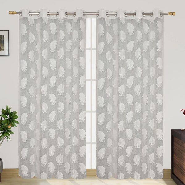 Elegant Cream Net Curtains with Lilac Leaf Design for Doors - 7 Feet Pack - Image 3