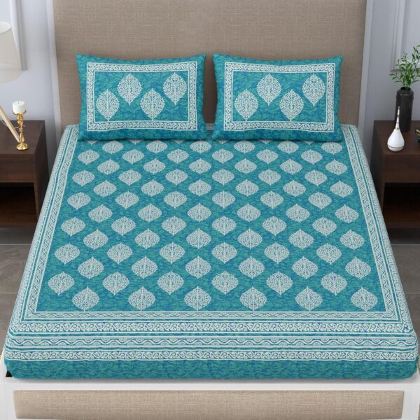 Sea Green Jaipuri Cotton Bedsheet Set with Pillow Covers for Double Bed - Image 3