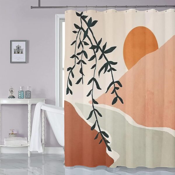 Boho Mid-Century Shower Curtain: Waterproof Mountain Sun & Leaf Design Decor