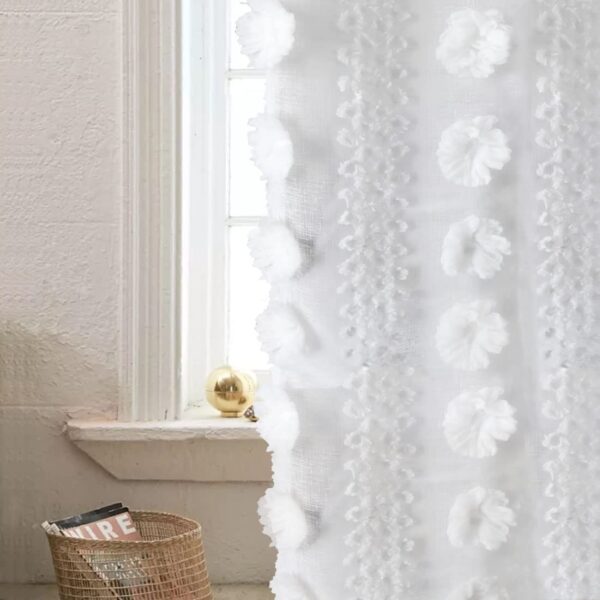 Boho White Sheer Curtains with Pom Trim for Living Room or Bedroom