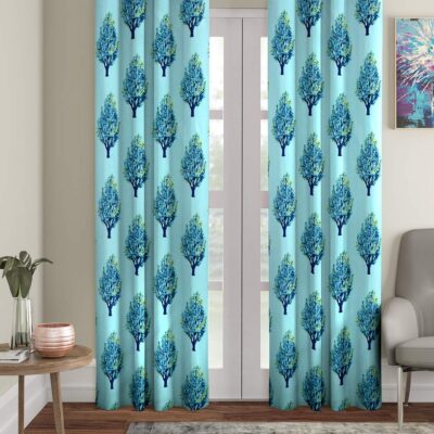 Cortina Blue Leaf Design Curtains: Stylish 7 Feet Eyelet Door Panels