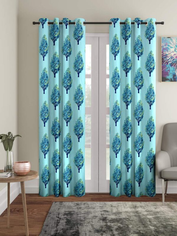 Cortina Blue Leaf Design Curtains: Stylish 7 Feet Eyelet Door Panels